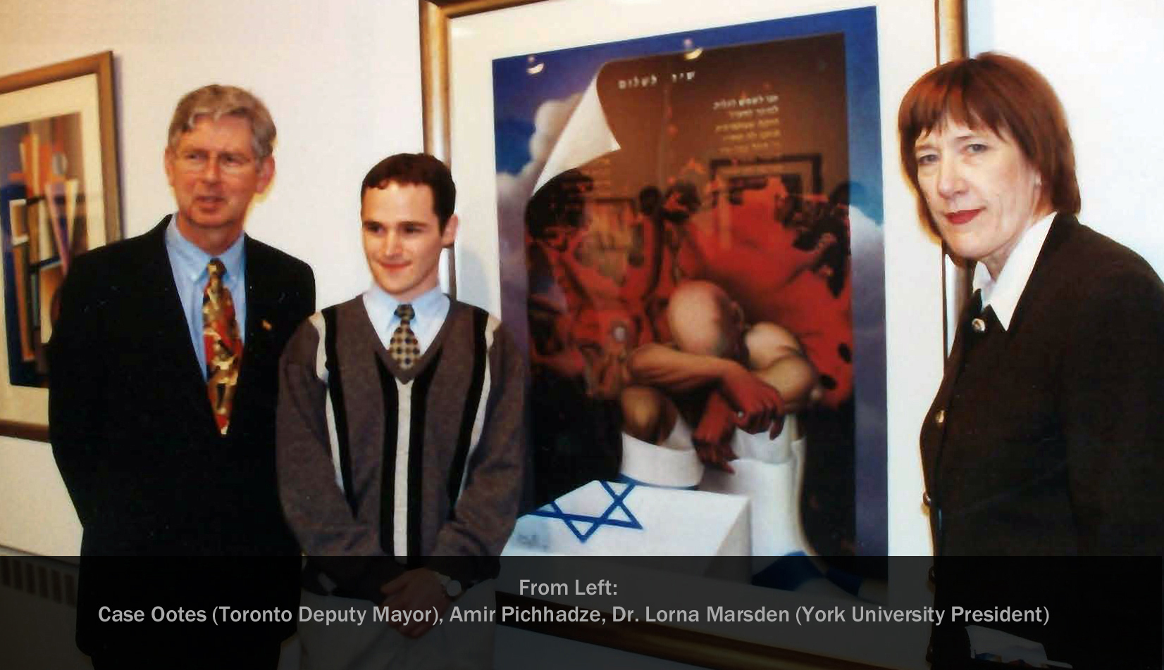 Fundraising Art Exhibition at York University. From left: Case Ootes (Toronto Deputy Mayor); Amir Pichhadze (Artist); Dr. Lorna Marsden (President, York University).